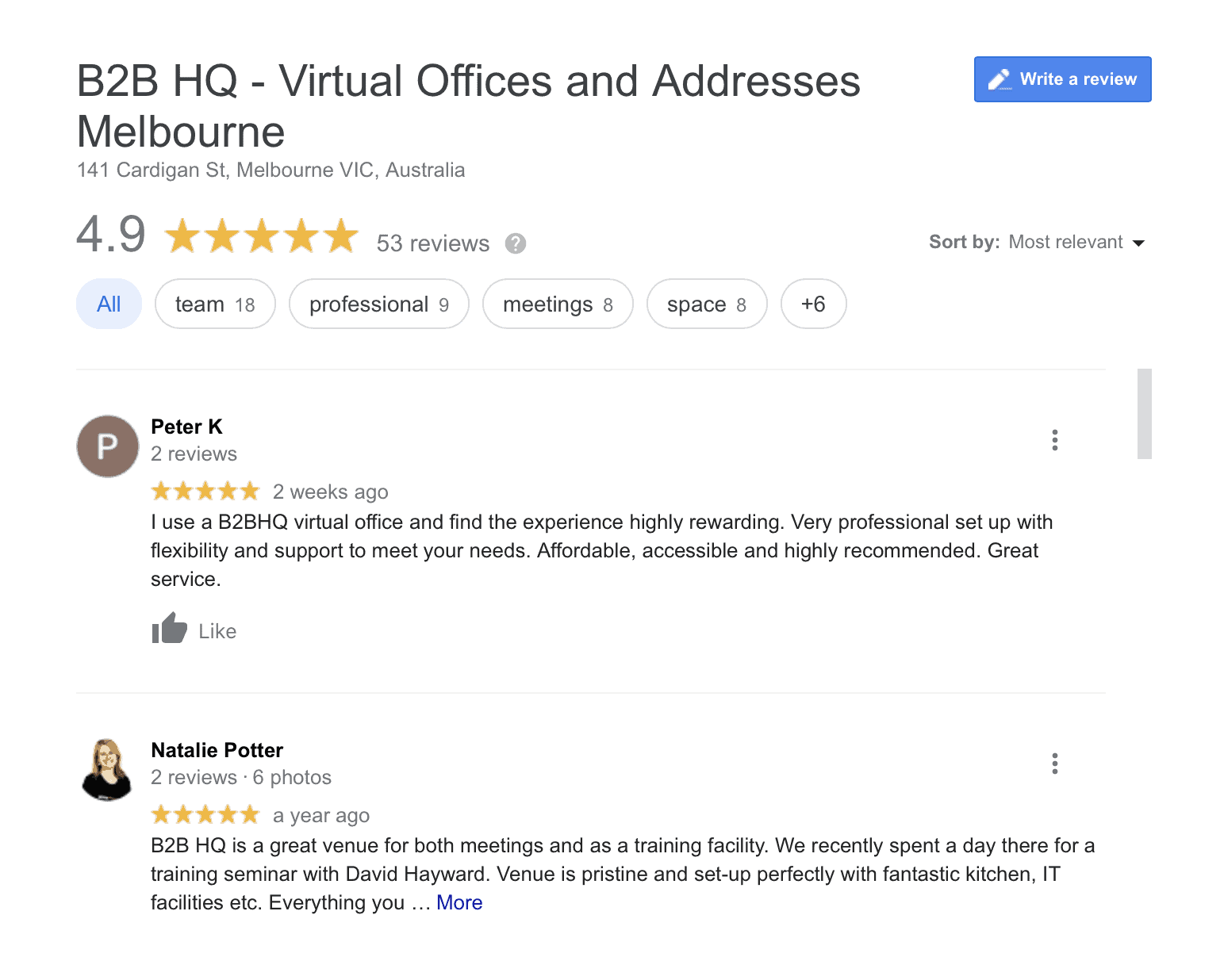 B2B HQ Virtual Offices Positive Google Reviews
